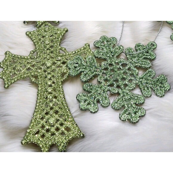 8 Green Glitter Snowflakes - And 5 Green Glitter Crosses Christmas Ornaments - Picture 5 of 5